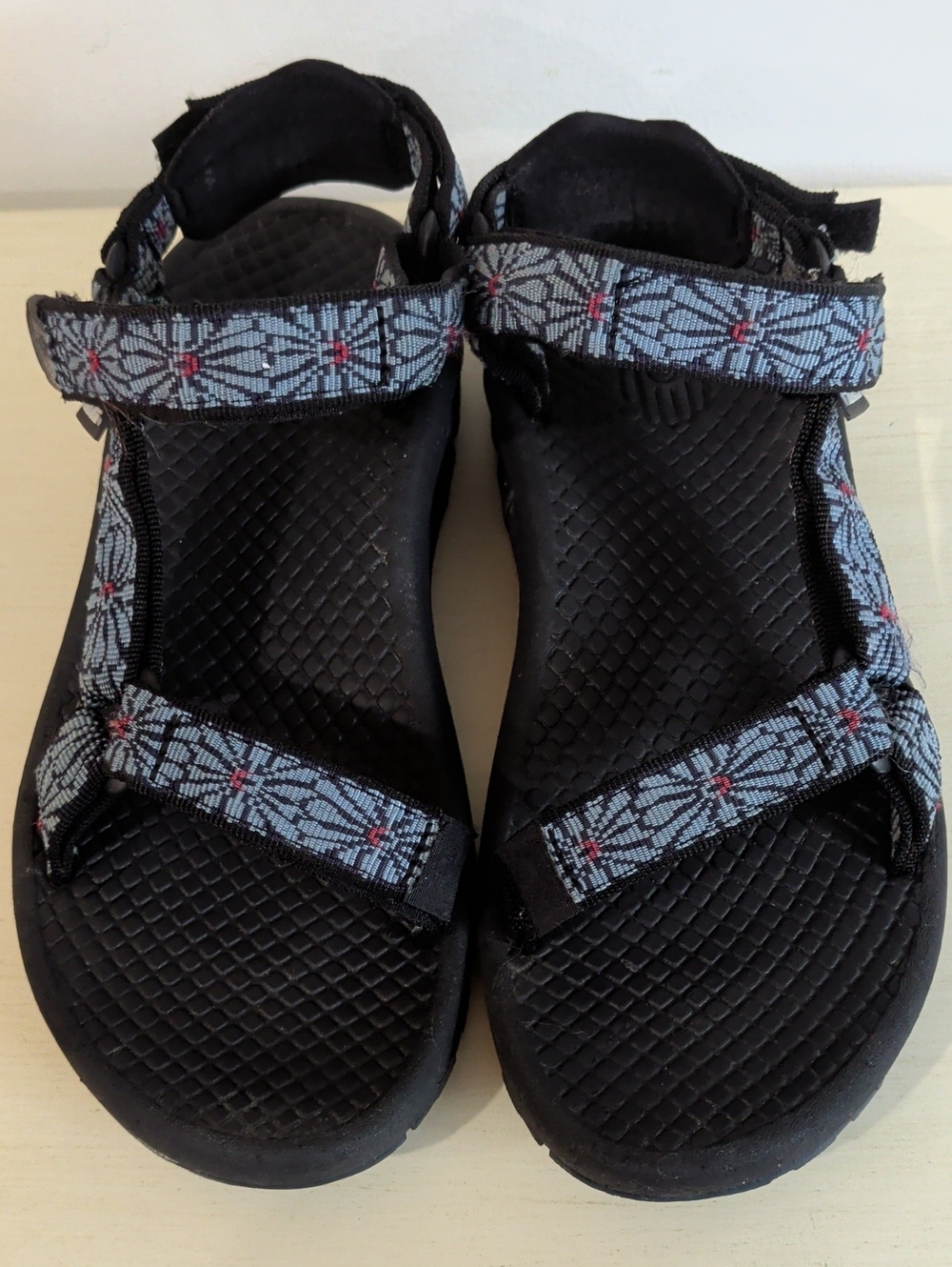 Teva Water Sandals Black With Blue Flower Velcro Straps